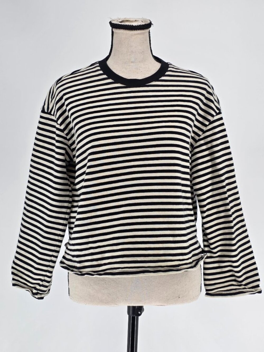 All:Row Callahan Striped Long Sleeve Boxy Tee Shirt - Black/Ivory - Size Small